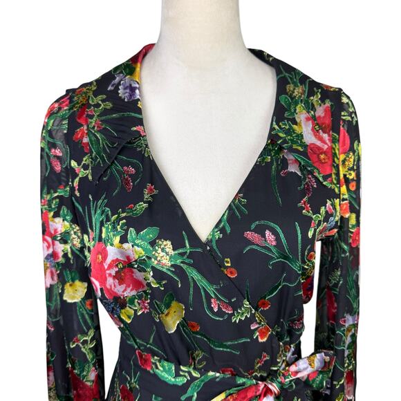 Alice + Olivia Abney Floral Burnout Velvet Detail Long Sleeve Midi Wrap Dress - Picture 5 of 16